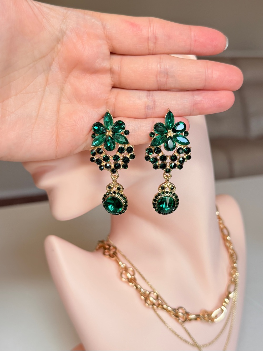 Gold & Green Crystal Floral Drop Earrings - Picture 9 of 10